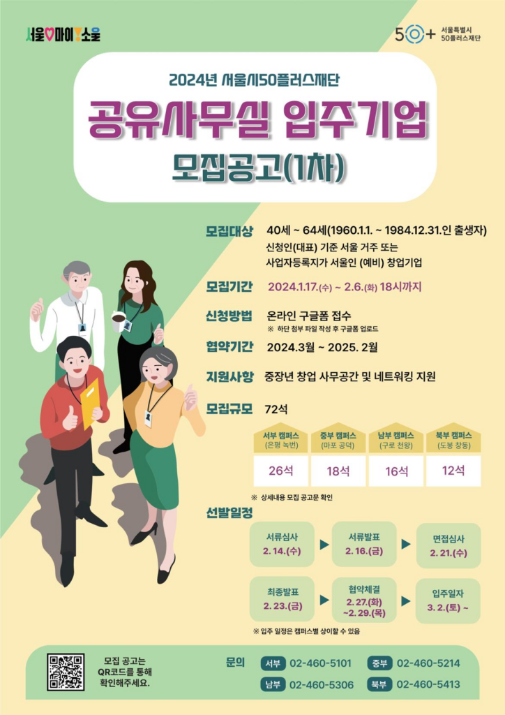 서울시50플러스재단이 중장년 창업기업을 대상으로 공유사무실 입주기업을 모집한다.