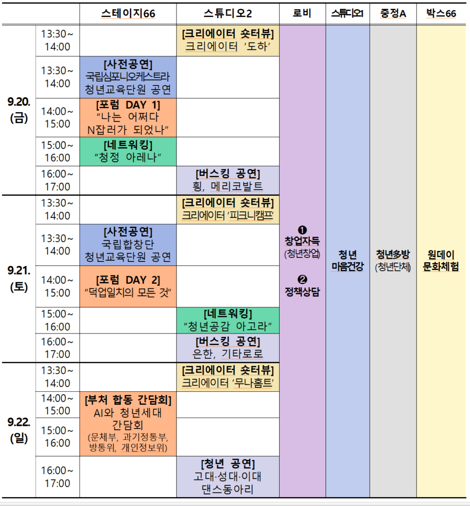 - 9. 20.~22. 콘텐츠문화광장에서 ‘2024년 청년문화주간’ 행사 개최